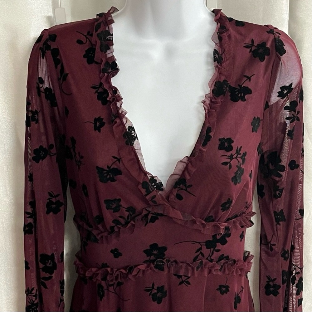 NWT Women Juniors Burgundy Floral Chiffon Dress Romantic Dreamy Sheer Size 7/8 - Picture 4 of 14